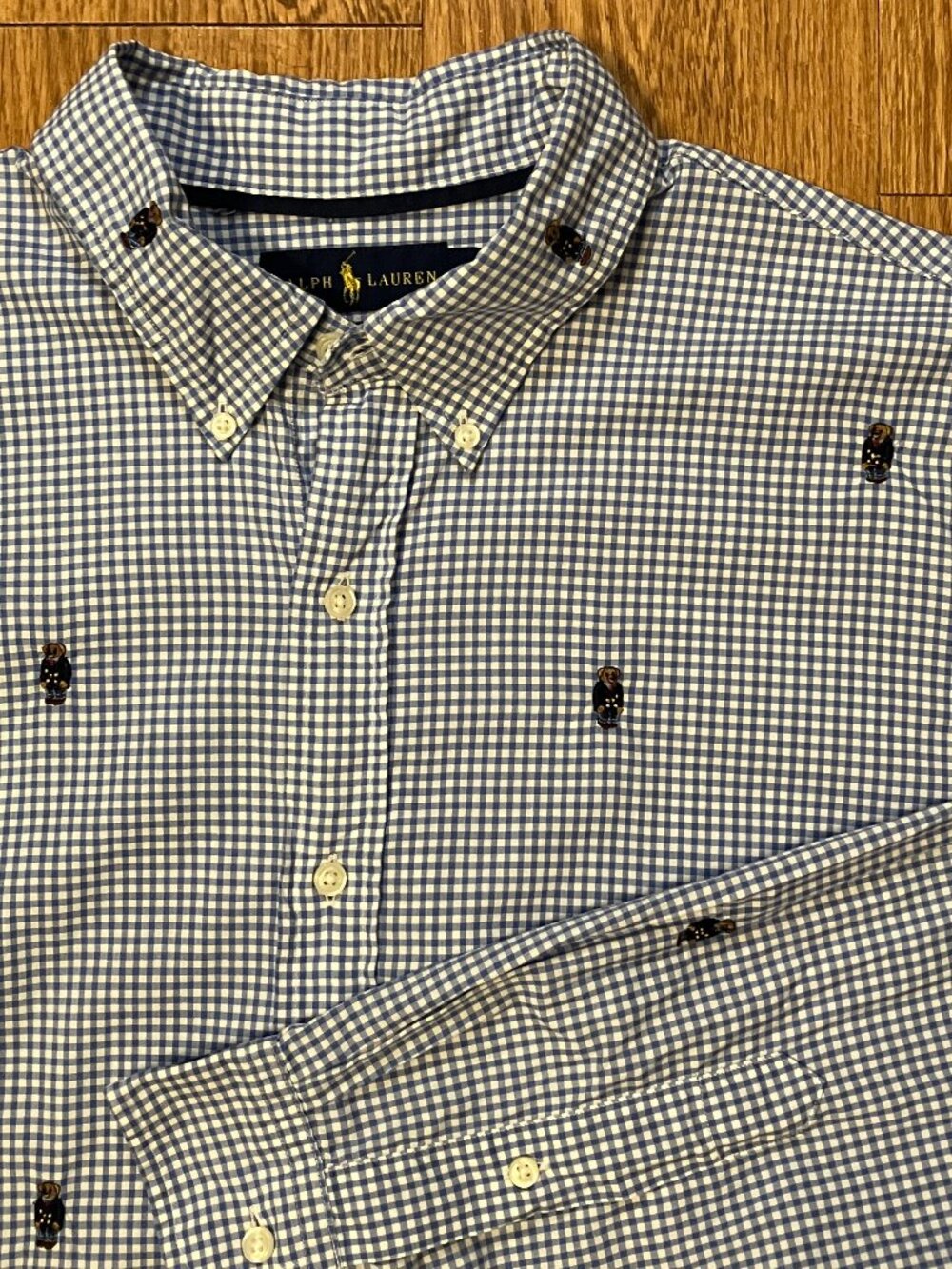 Polo Ralph Lauren Gingham All Over Bear Button Down Shirt Blue Slim Fit